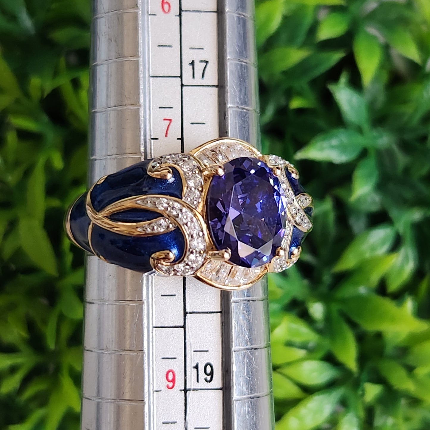 925 Sterling Silver Vermeil Tanzanite Color CZ and Blue Enamel Ring