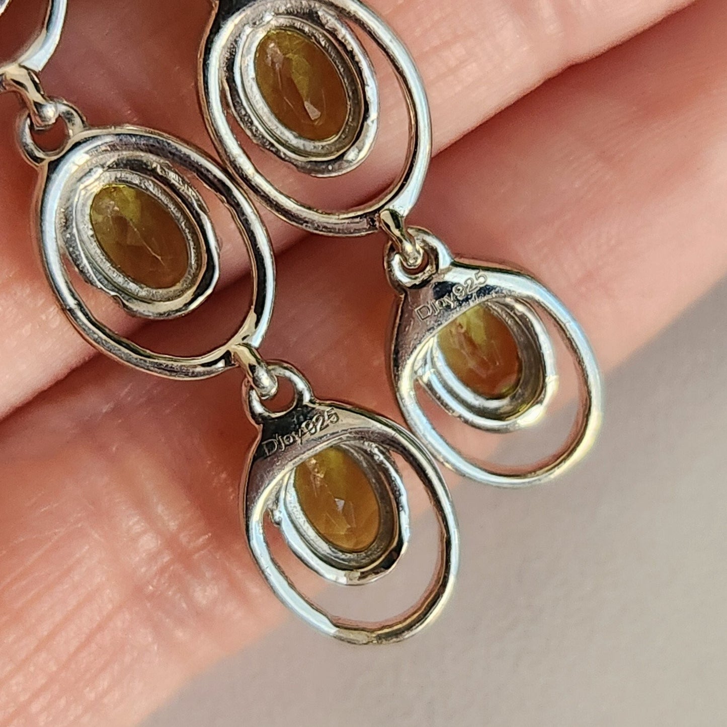 925 Sterling Silver Oval Peridot Triple Dangle Earrings