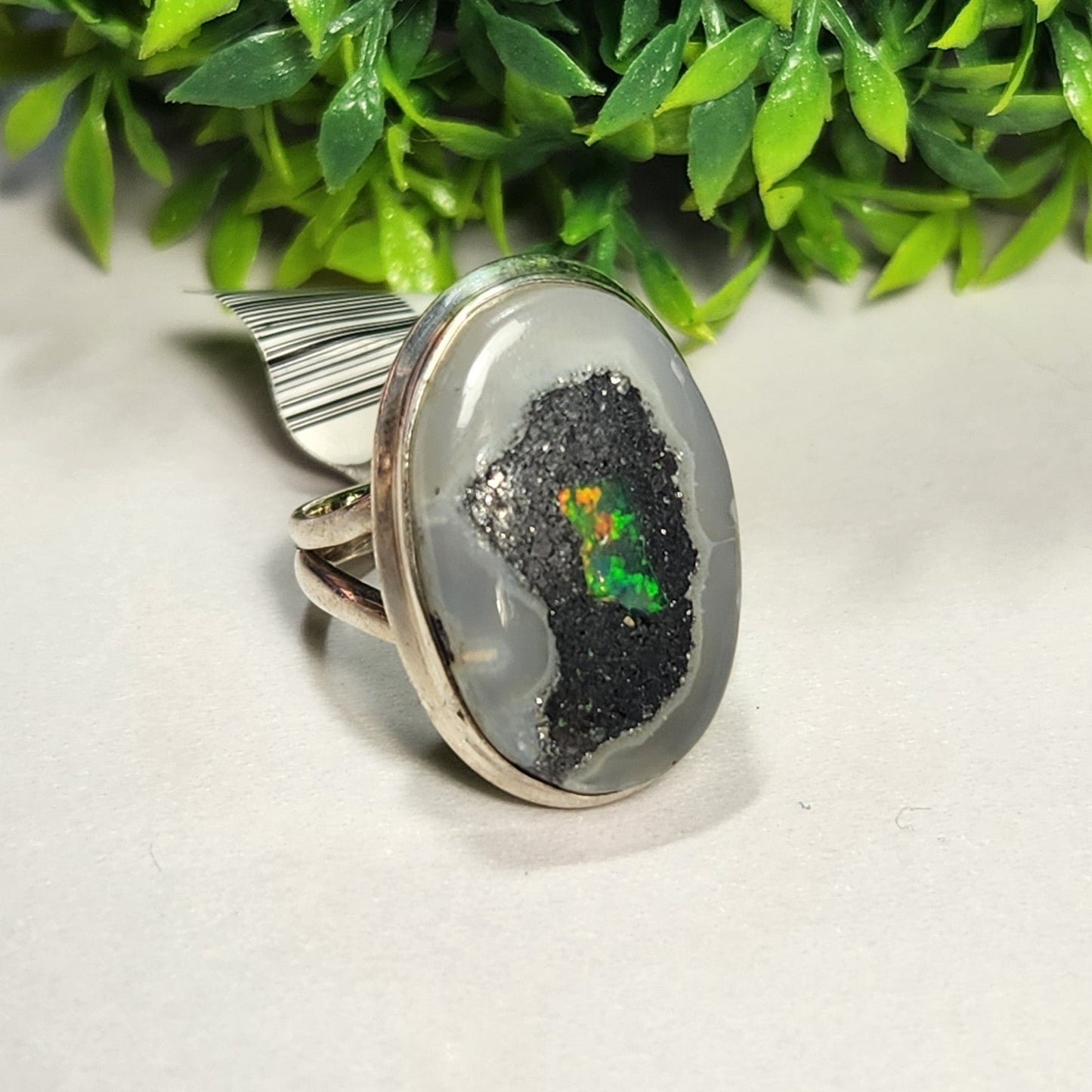 925 Sterling Silver Agate with Opal Inlay Ring