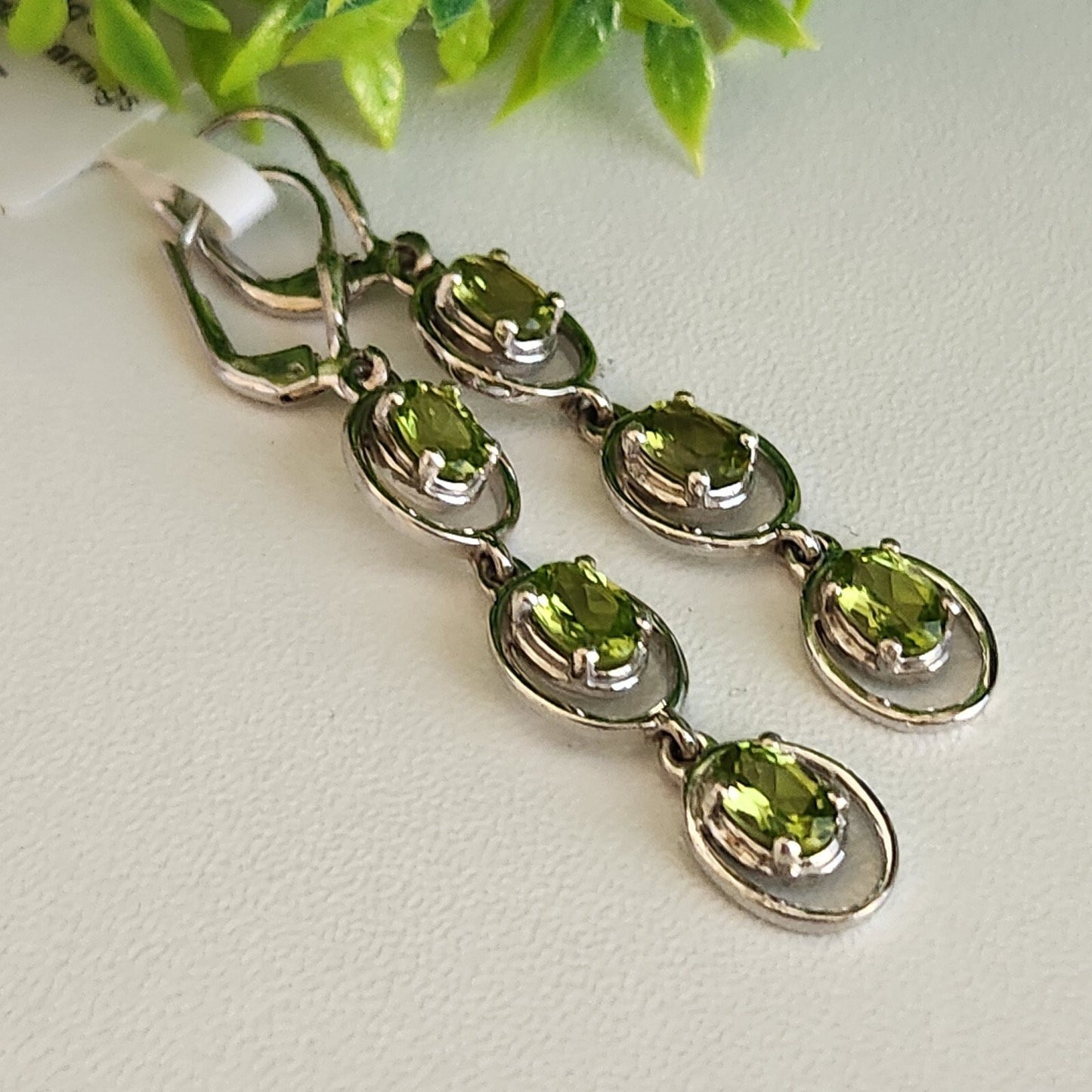 925 Sterling Silver Oval Peridot Triple Dangle Earrings