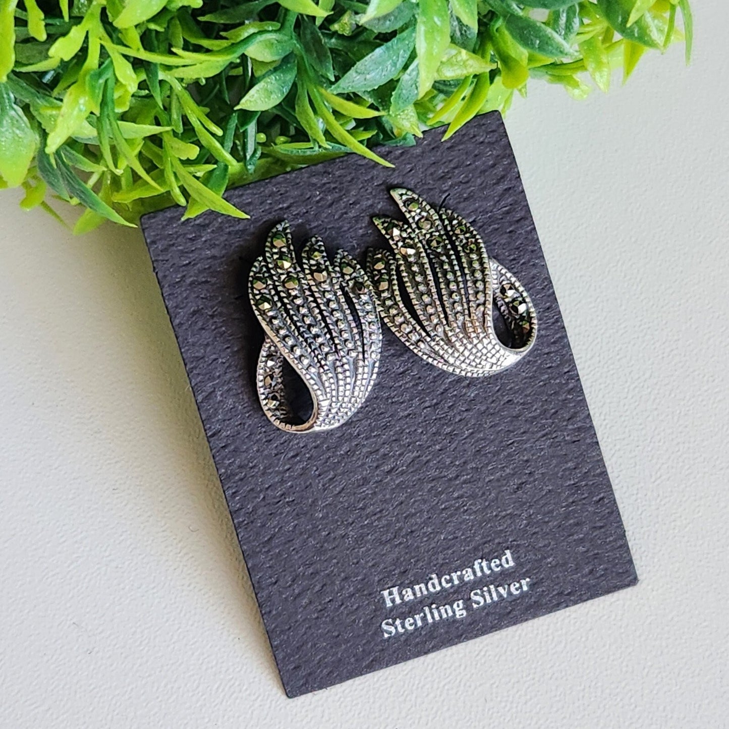 925 Sterling Silver Art Deco Marcasite Fan Earrings