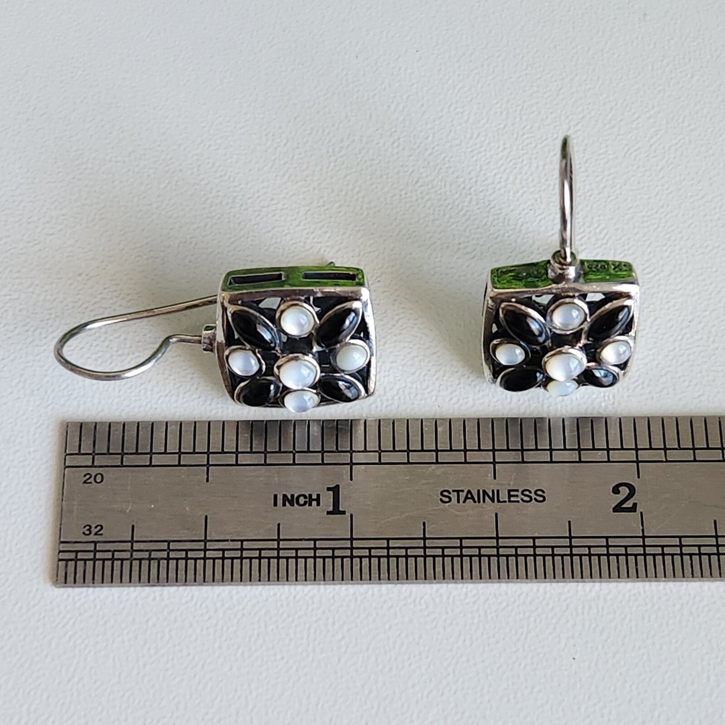 925 Sterling Silver Vintage Marquise Onyx and Opalite Earrings