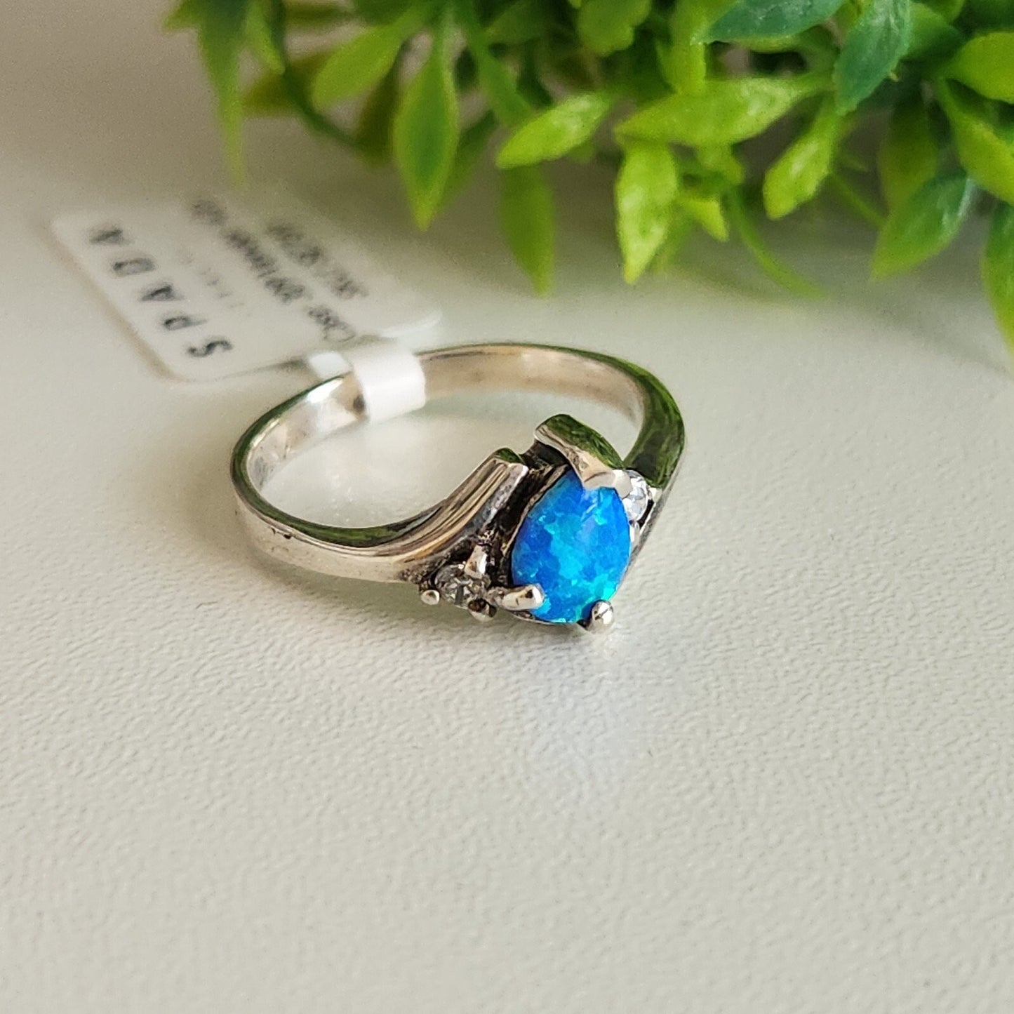 925 Sterling Silver Blue Opal and CZ Ring