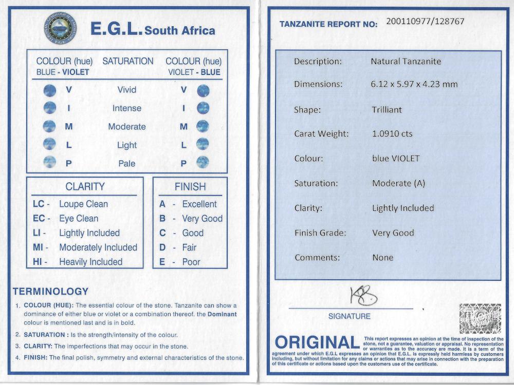 Tanzanite - 1.09ct Trilliant Gemstone - Spada Diamonds