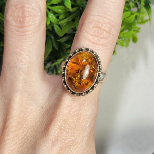 925 Sterling Silver Amber Antique Ring