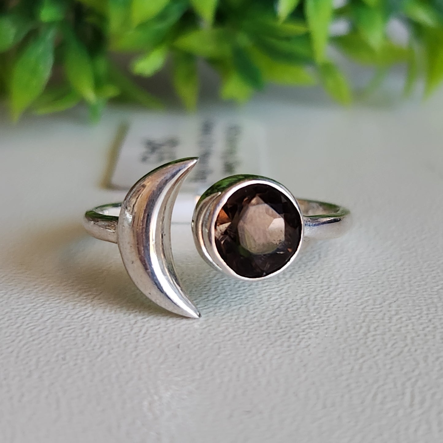 925 Sterling Silver Smoky Quartz Moon Ring