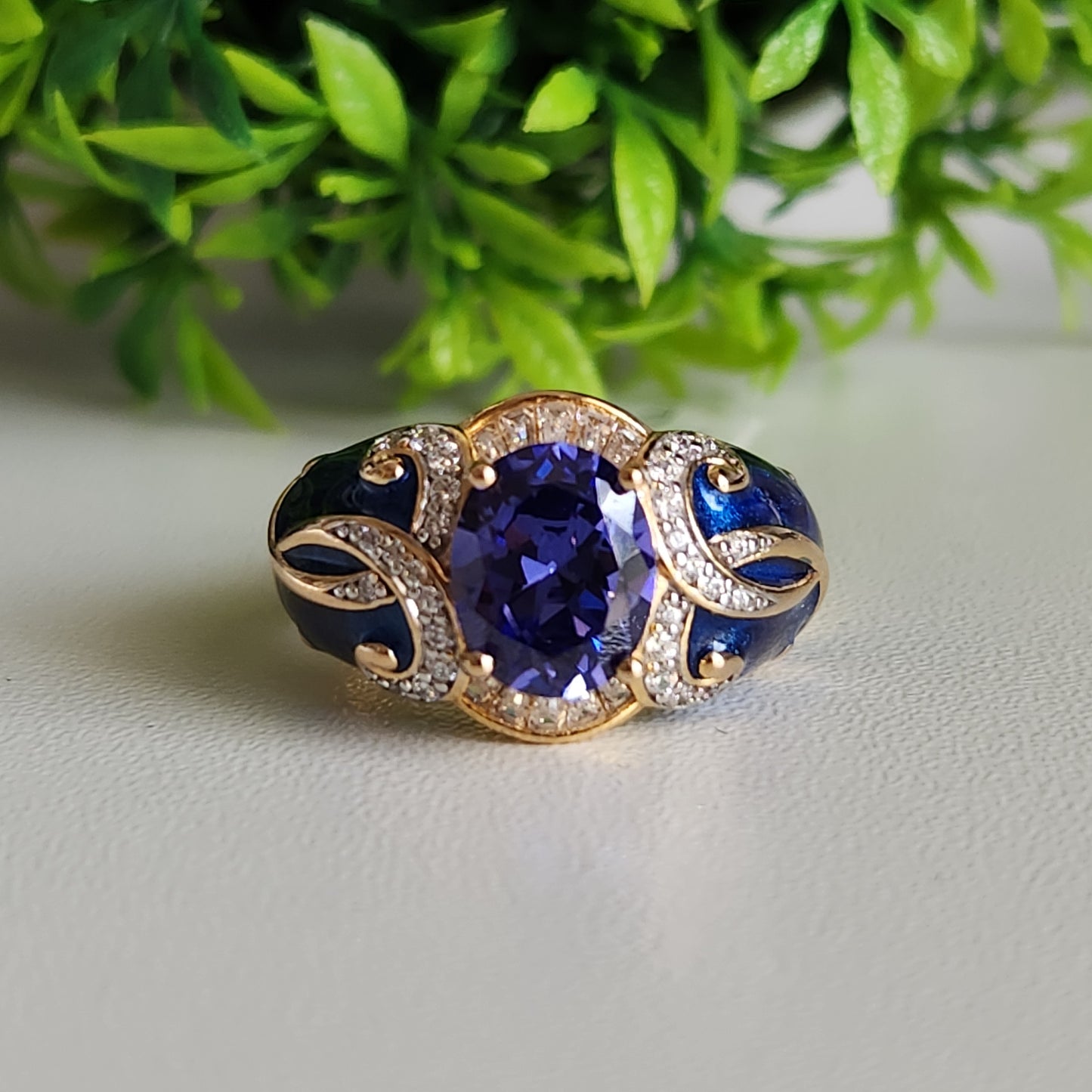 925 Sterling Silver Vermeil Tanzanite Color CZ and Blue Enamel Ring