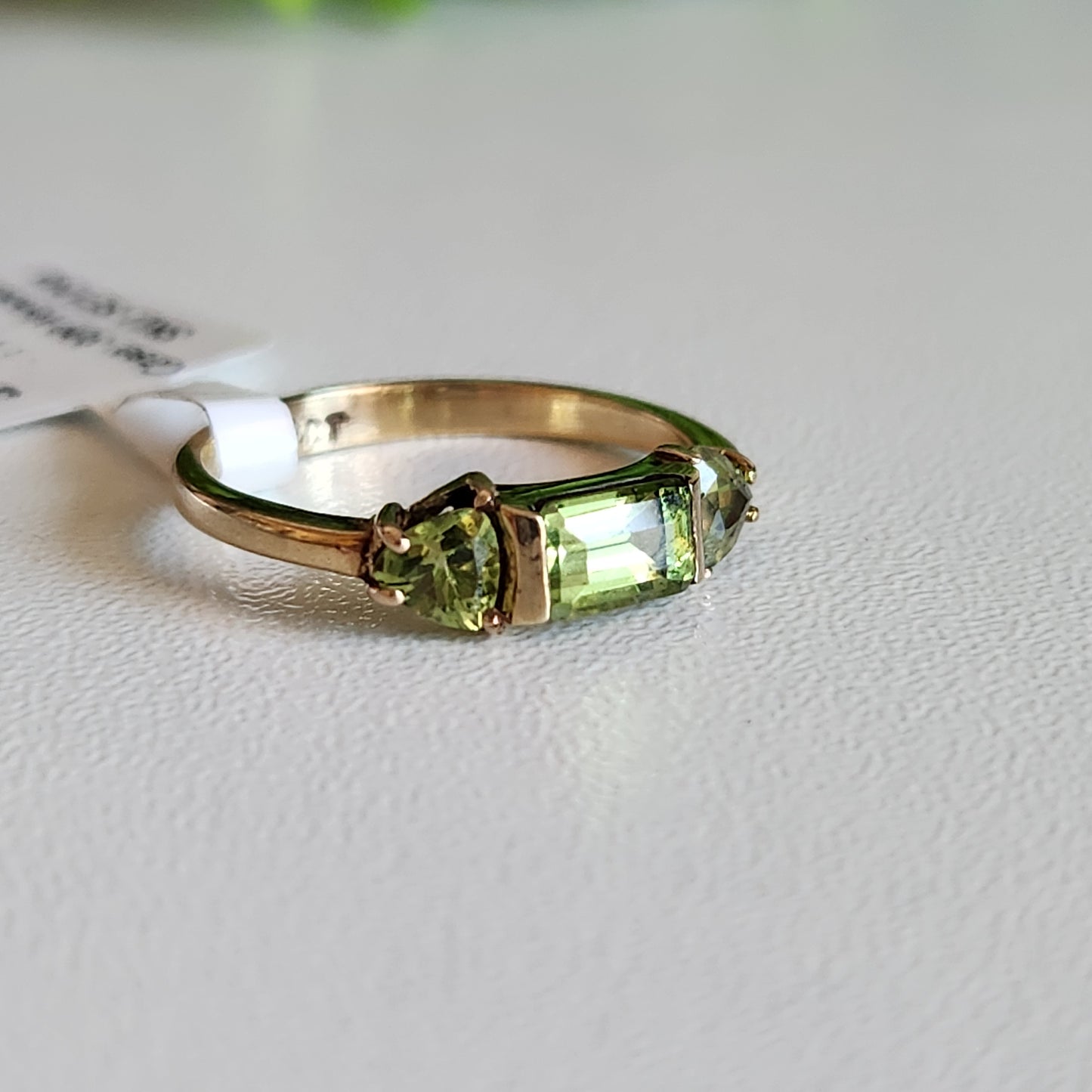 9kt Yellow Gold Green Peridot Baguette and Trilliant Ring