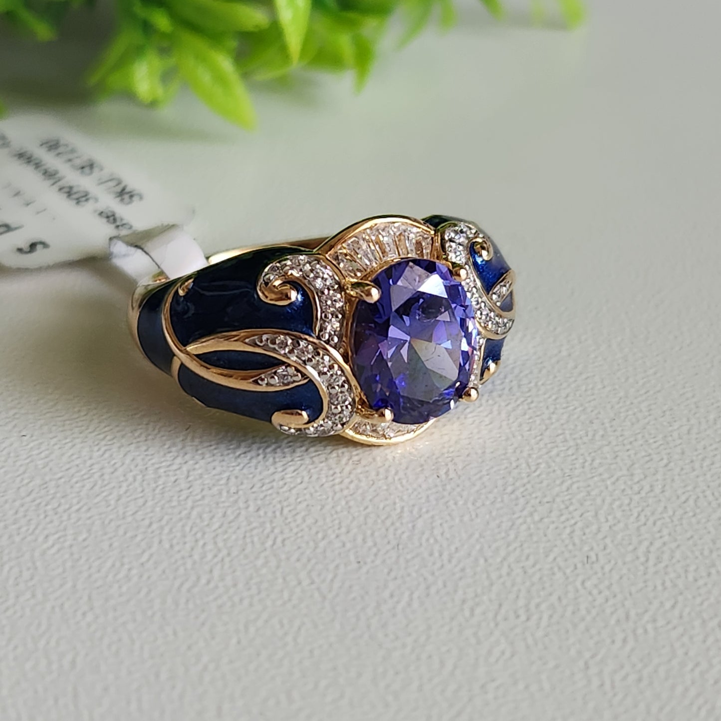 925 Sterling Silver Vermeil Tanzanite Color CZ and Blue Enamel Ring