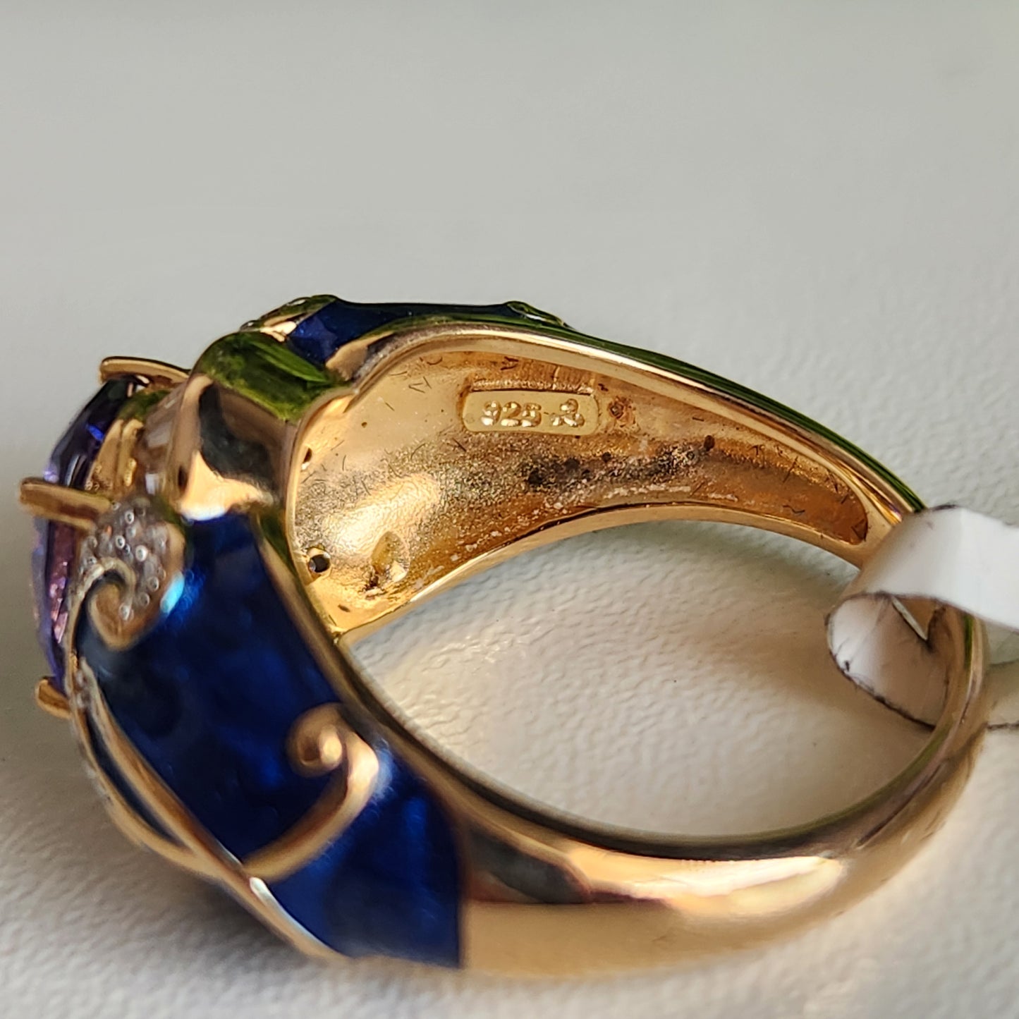 925 Sterling Silver Vermeil Tanzanite Color CZ and Blue Enamel Ring