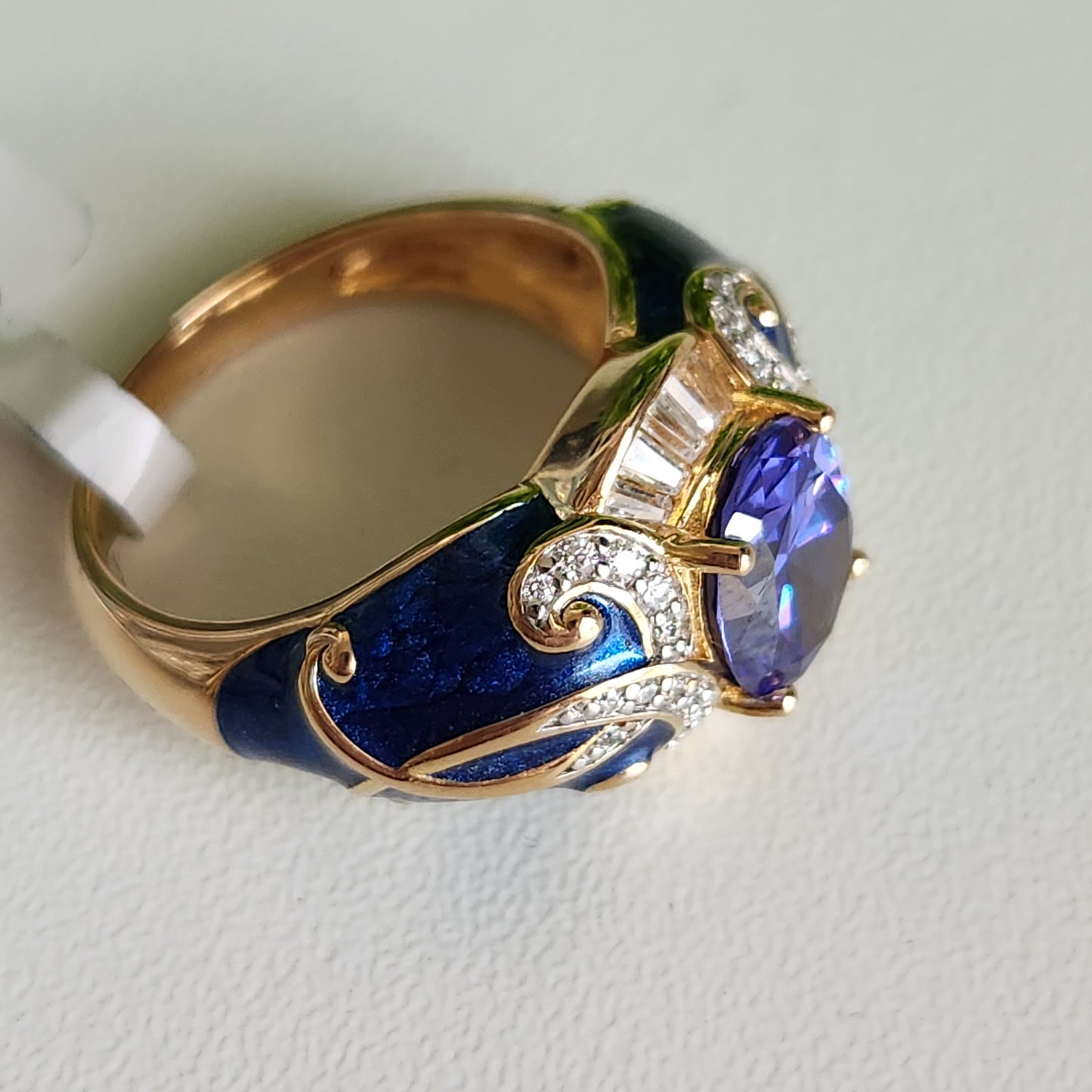 925 Sterling Silver Vermeil Tanzanite Color CZ and Blue Enamel Ring