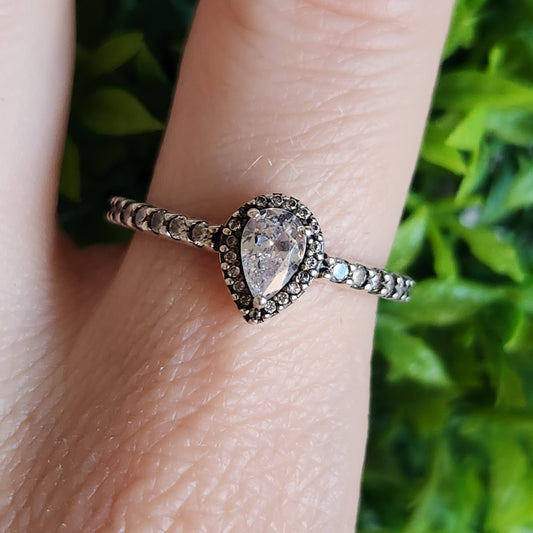 925 Sterling Silver Halo Pear CZ Ring