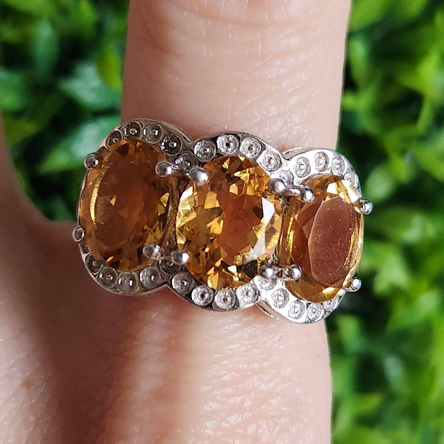 925 Sterling Silver Oval 3-Stone Yellow CZ Ring