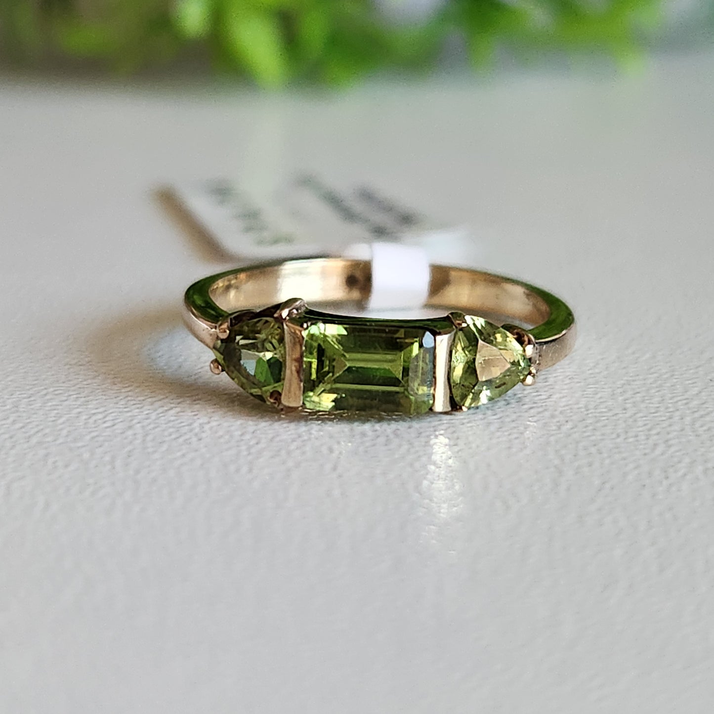 9kt Yellow Gold Green Peridot Baguette and Trilliant Ring