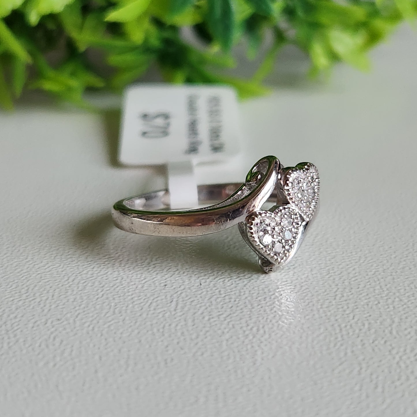 925 Sterling Silver Double Hearts Diamond 0.10ctw Ring