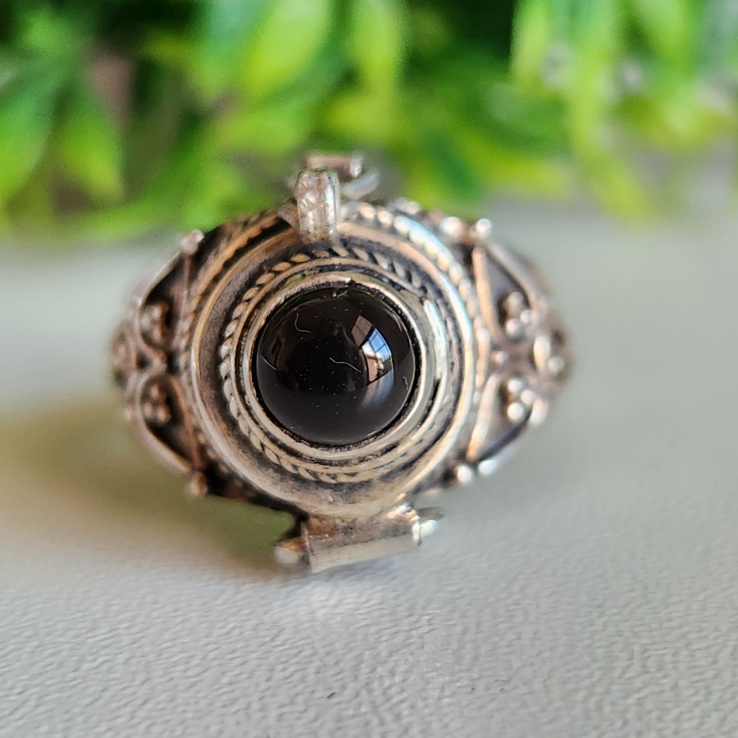 925 Sterling Silver Obsidian Poison Ring