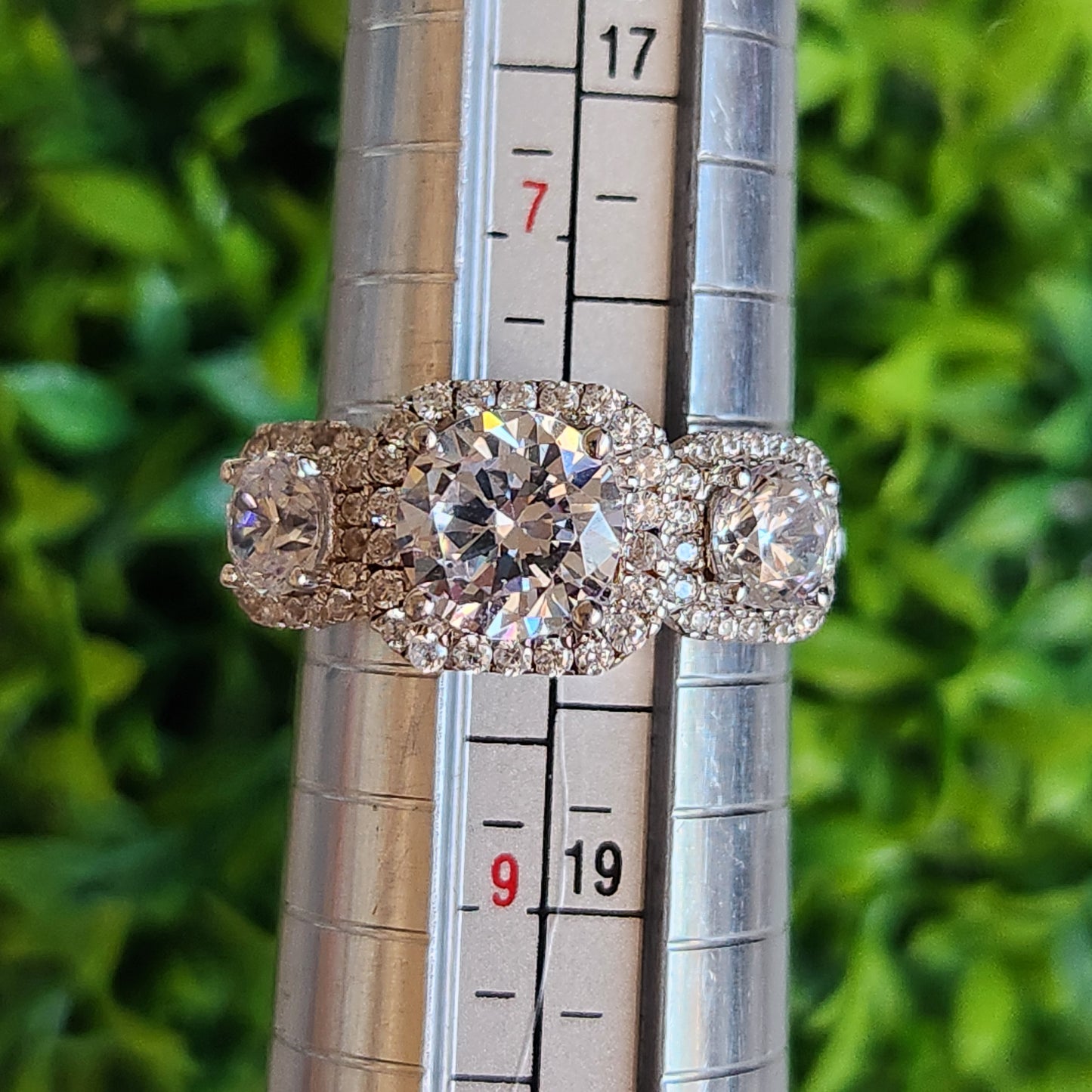 925 Sterling Silver Halo 3-Stone CZ 5.57ctw Ring