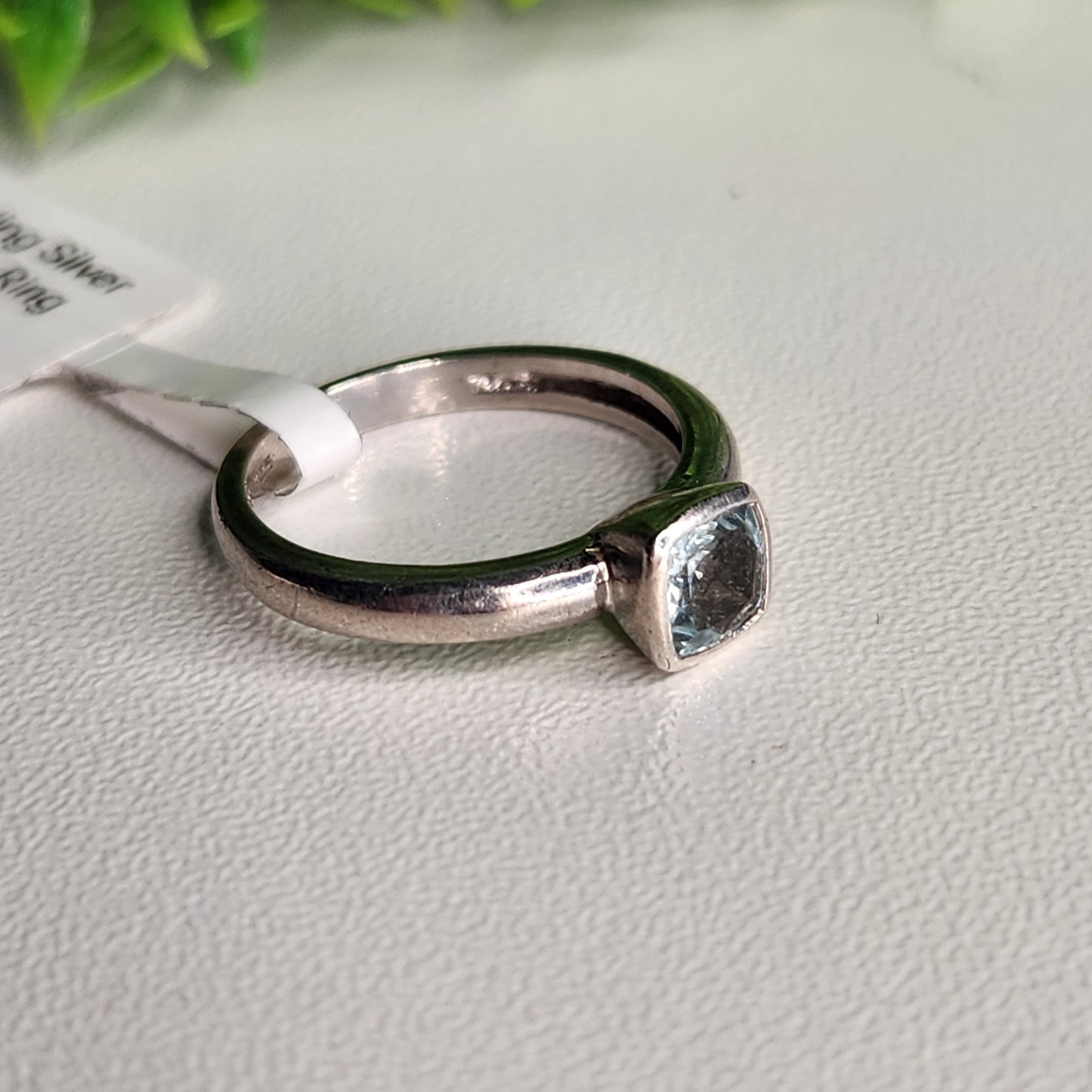 925 Sterling Silver Light Blue CZ Cushion Bezel Ring