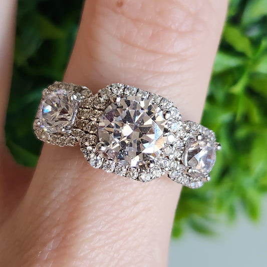 925 Sterling Silver Halo 3-Stone CZ 5.57ctw Ring