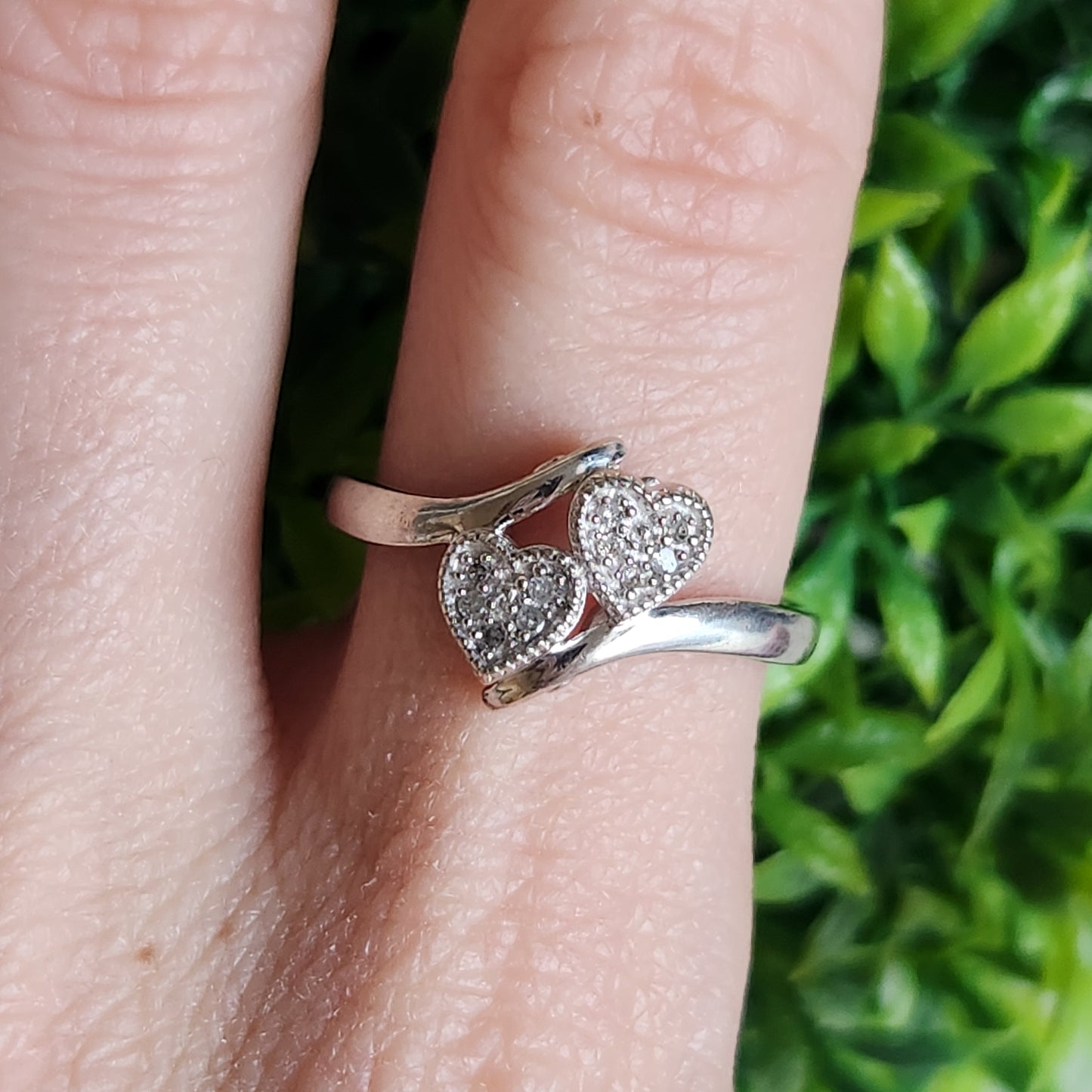 925 Sterling Silver Double Hearts Diamond 0.10ctw Ring