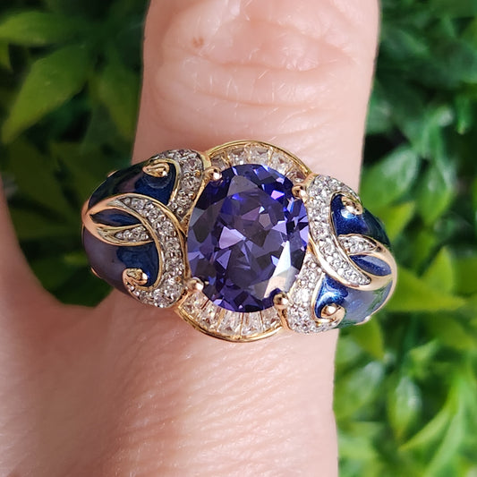 925 Sterling Silver Vermeil Tanzanite Color CZ and Blue Enamel Ring