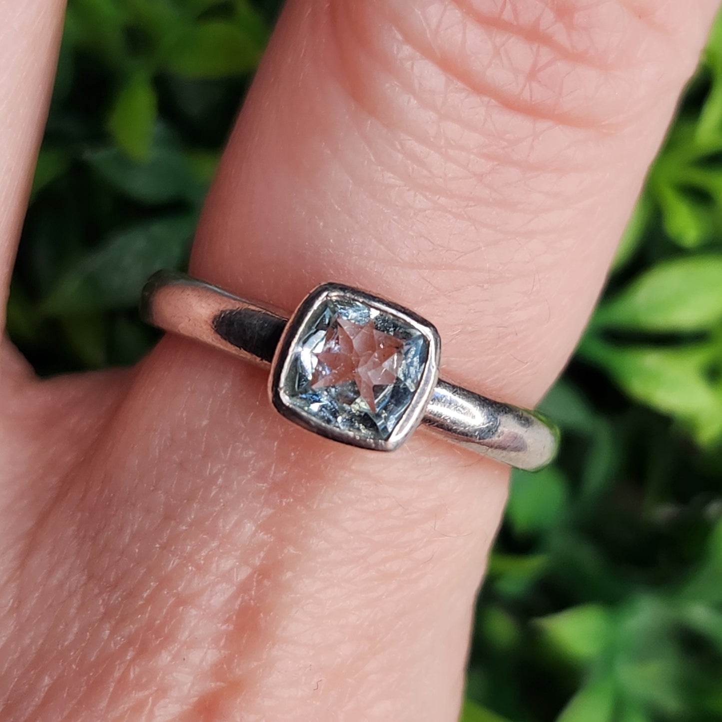 925 Sterling Silver Light Blue CZ Cushion Bezel Ring
