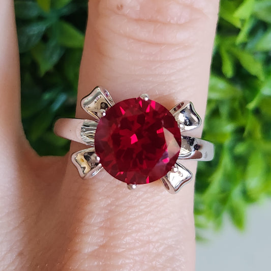925 Sterling Silver Red Solitaire Bow CZ Ring