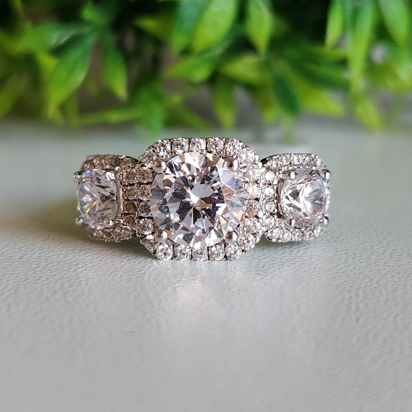 925 Sterling Silver Halo 3-Stone CZ 5.57ctw Ring