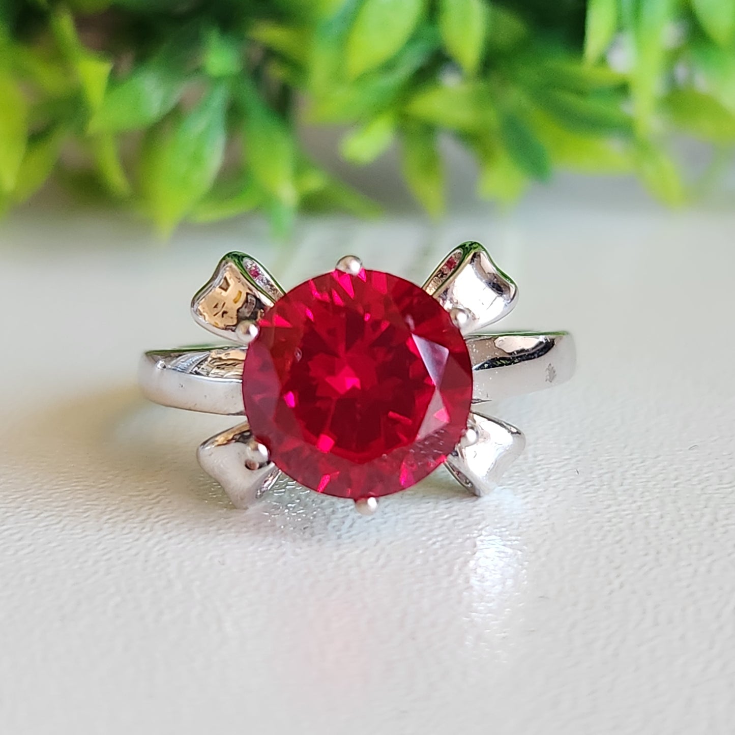 925 Sterling Silver Red Solitaire Bow CZ Ring