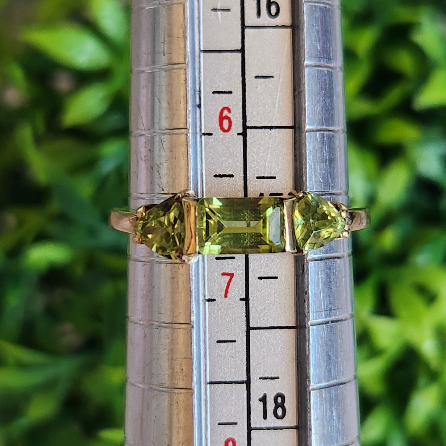 9kt Yellow Gold Green Peridot Baguette and Trilliant Ring