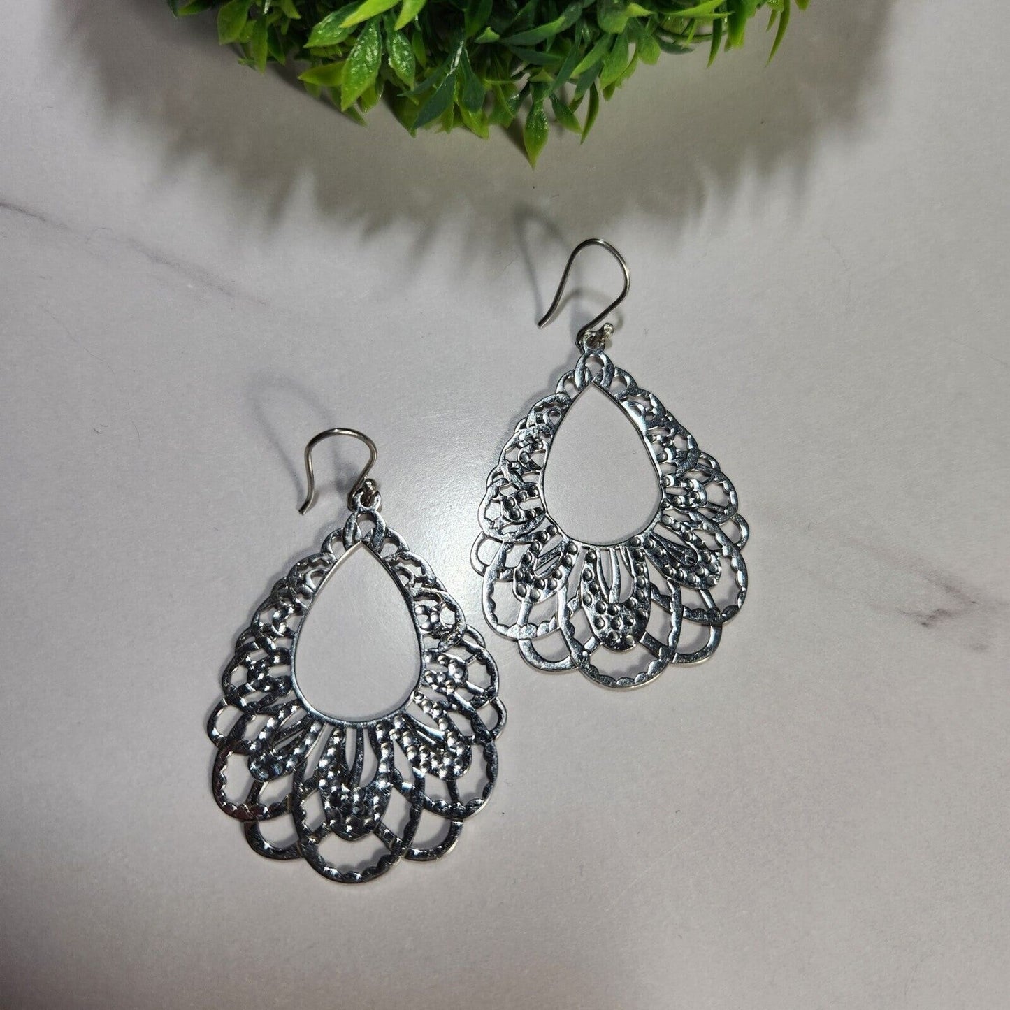 925 Sterling Silver Teardrop Ornate Earrings