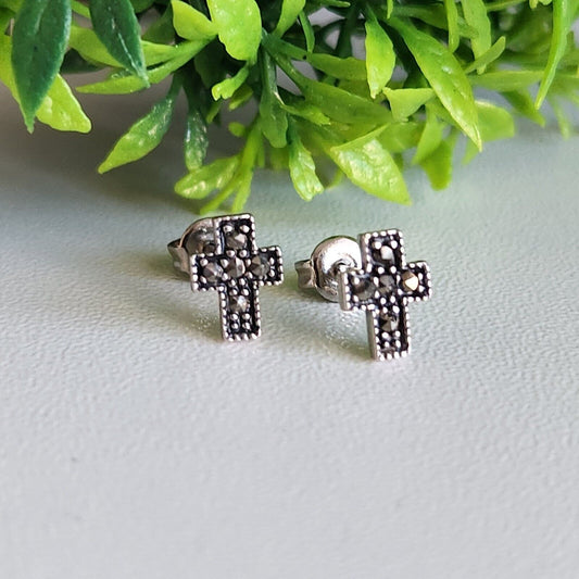 925 Sterling Silver Marcasite Cross Stud Earrings