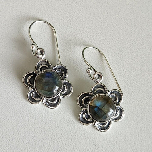 925 Sterling Silver Flower Labradorite Earrings