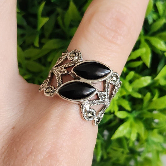 925 Sterling Silver Twin Onyx Cuff Ring