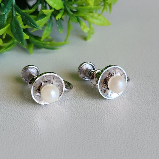 925 Sterling Silver Marvel 1940s Screw Back Pearl Earrings
