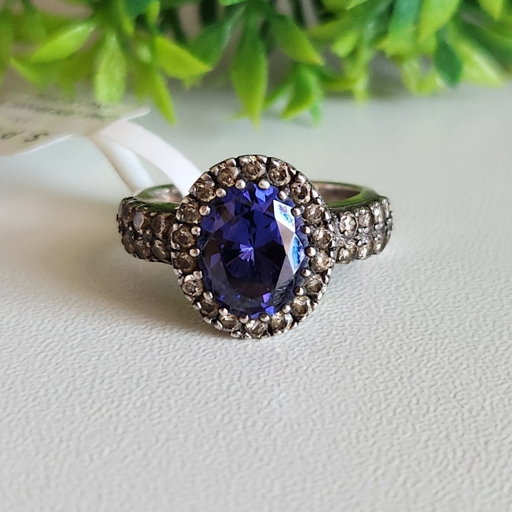 925 Sterling Silver Tanzanite CZ Halo Ring