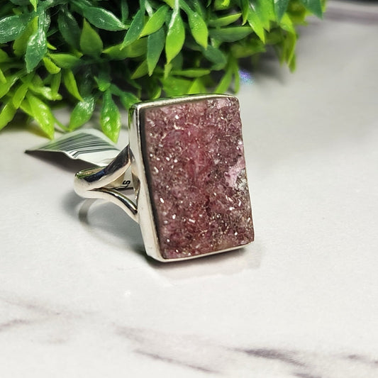 925 Sterling Silver Pink Rough Druzy Ring