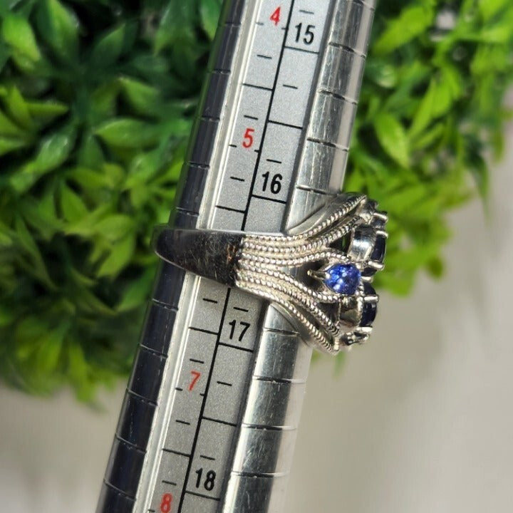 925 Sterling Silver Vintage Art Deco Blue Flower Ring