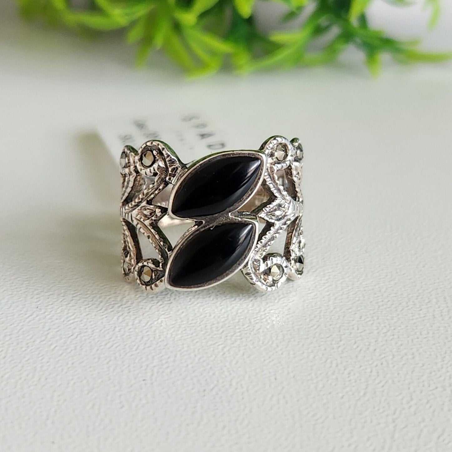 925 Sterling Silver Twin Onyx Cuff Ring