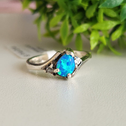 925 Sterling Silver Blue Opal and CZ Ring