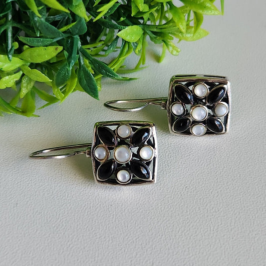 925 Sterling Silver Vintage Marquise Onyx and Opalite Earrings