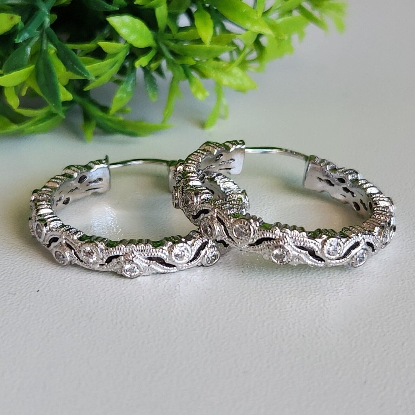 925 Sterling Silver CZ Diamond Hoop Earrings