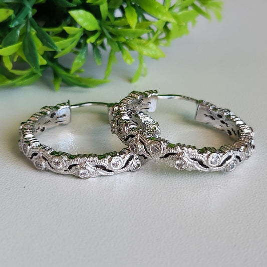 925 Sterling Silver CZ Diamond Hoop Earrings