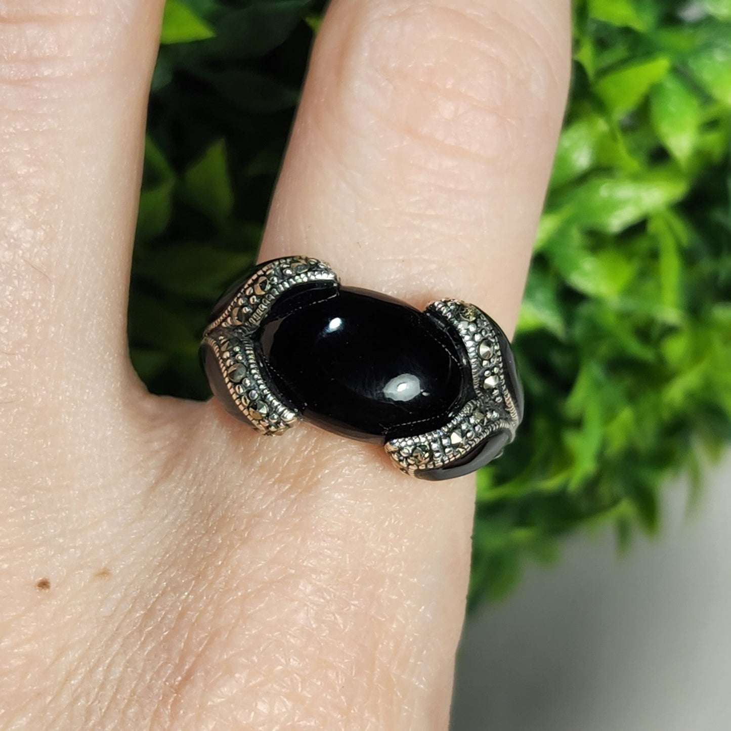 925 Sterling Silver Marcasite Black Ring