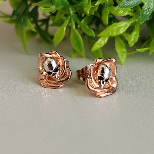925 Sterling Silver Rose Gold Skull Flower Stud Earrings