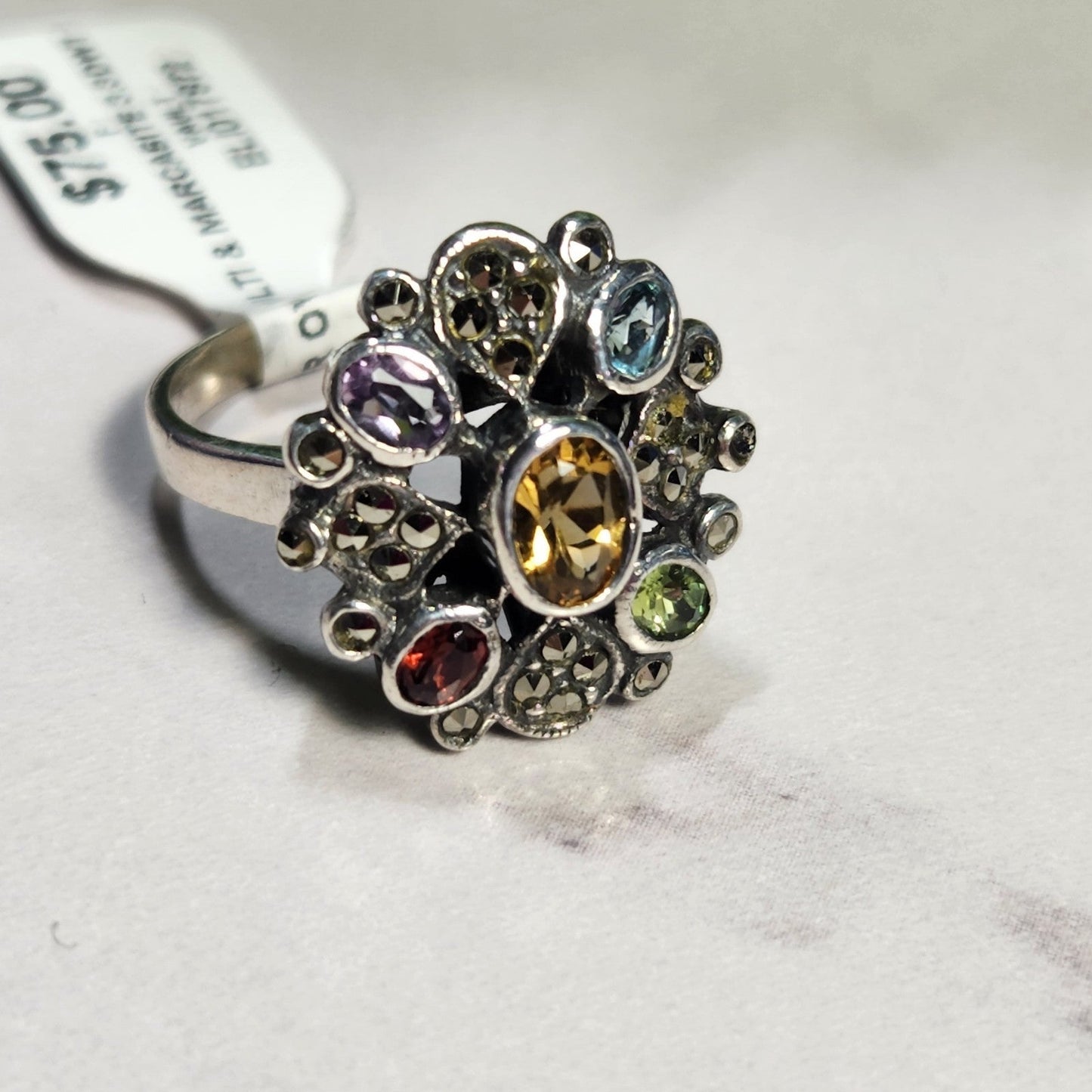 925 Sterling Silver Vintage Gemstone and Marcasite Ring