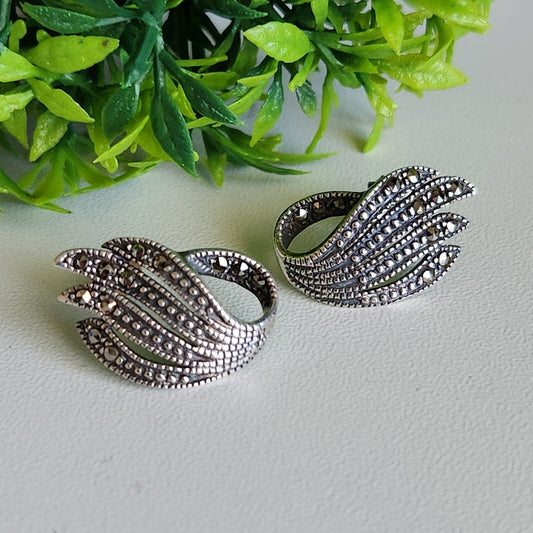 925 Sterling Silver Art Deco Marcasite Fan Earrings