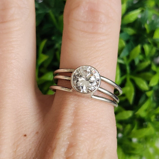925 Sterling Silver CZ Bezel Adjustable Ring