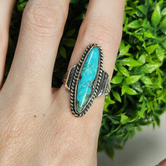 925 Sterling Silver Navajo MQ Turquoise Ring