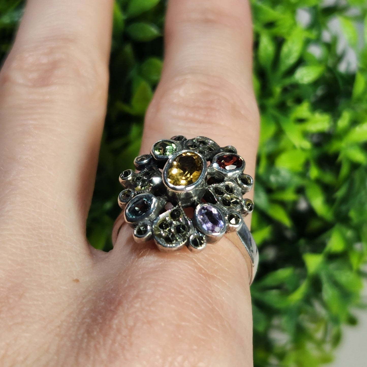 925 Sterling Silver Vintage Gemstone and Marcasite Ring
